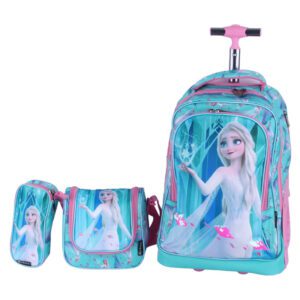 کوله پشتی مدل e541 طرح فروزن کیف چرخ دار، ظرف غذا و جا مدادی