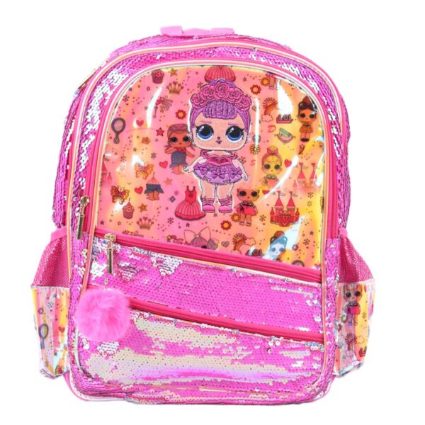 کوله پشتی فانتزی مدل پولکی طرح LOL کد 8116 سرخابی