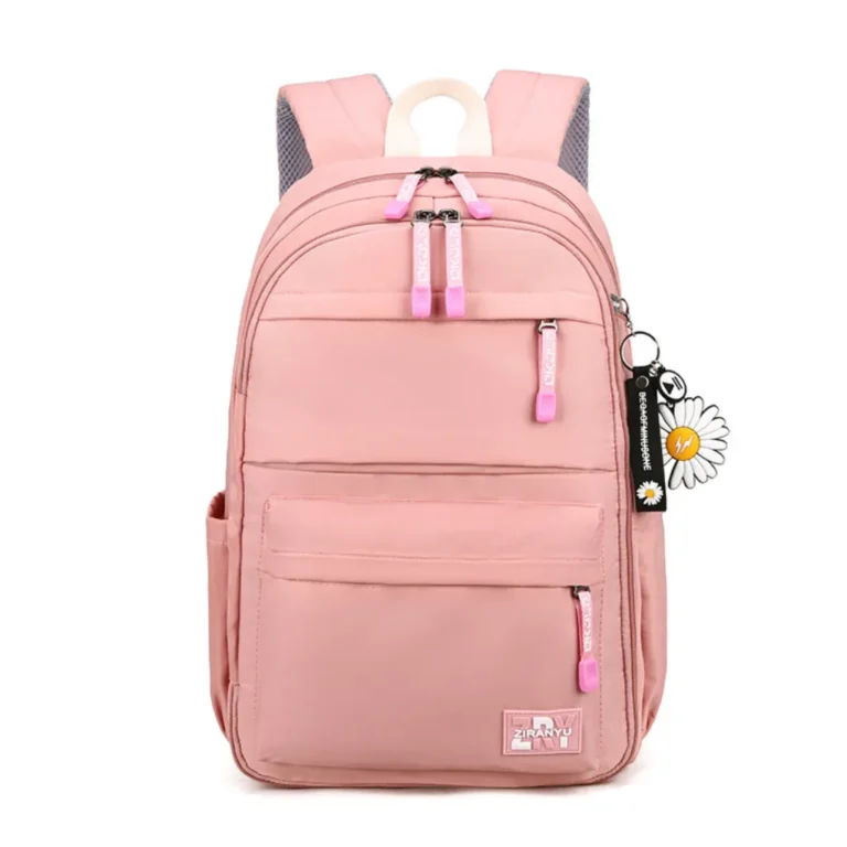 کوله پشتی اسپرت با آویز گل بابونه رنگ گلبهی