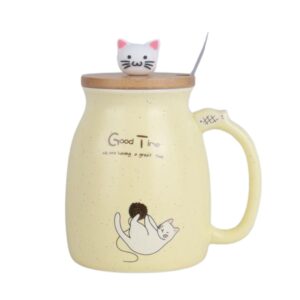 ماگ در چوبی طرح گربه گنجایش 450ml زرد پاستیلی