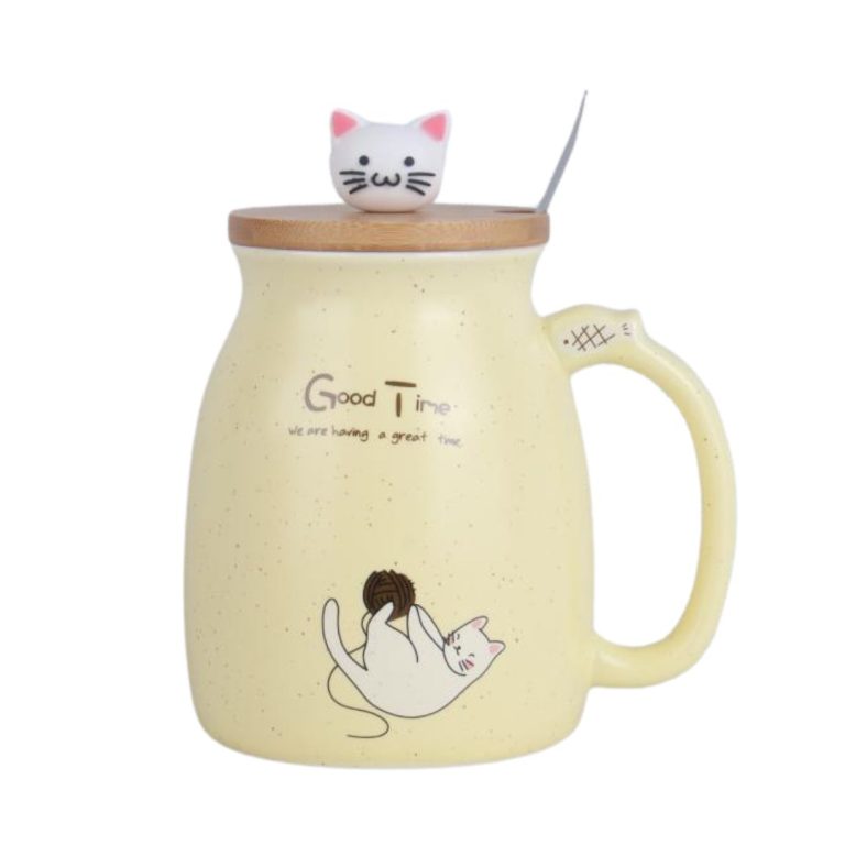 ماگ در چوبی طرح گربه گنجایش 450ml زرد پاستیلی