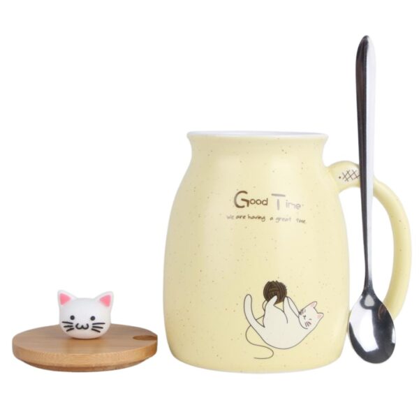 ماگ در چوبی طرح گربه گنجایش 450ml زرد پاستیلی نمای کامل