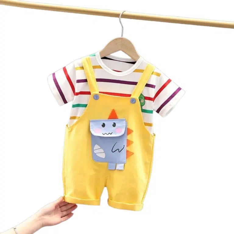 ست پسرانه تیشرت و سرهمی طرح دایناسور زرد