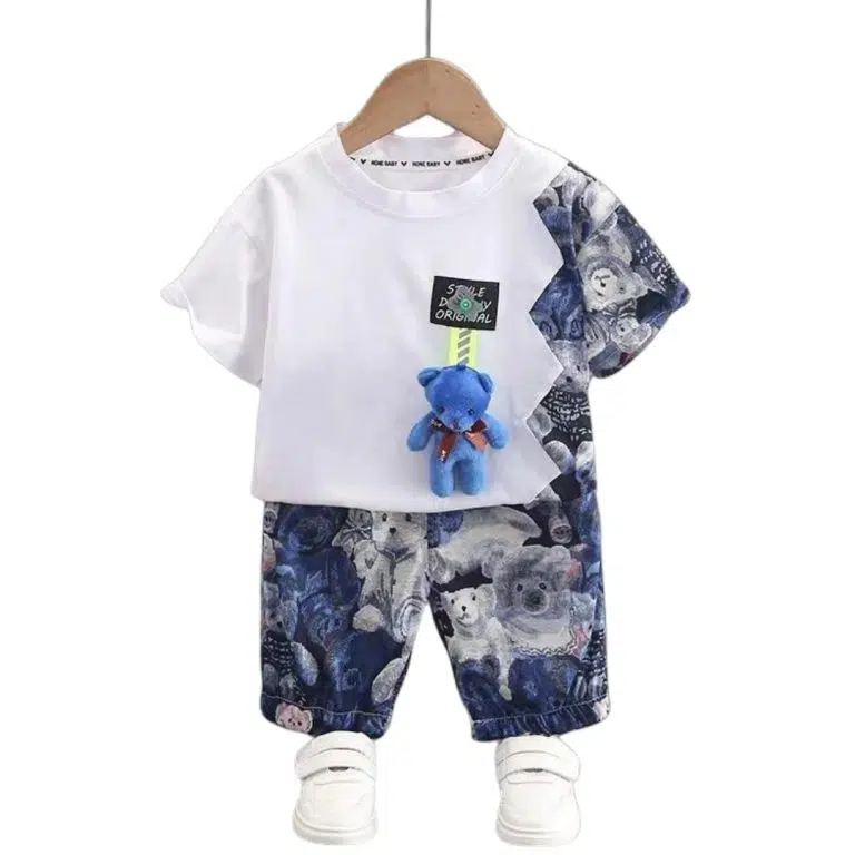 ست پسرانه تیشرت شلوارک خرسی سفید