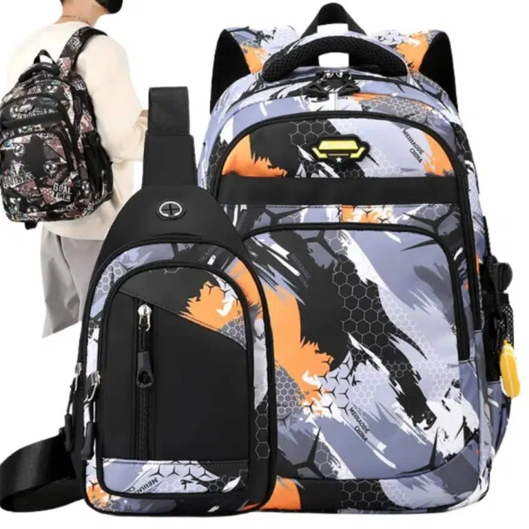 ست کوله پشتی و کیف کمری پسرانه نارنجی بنز