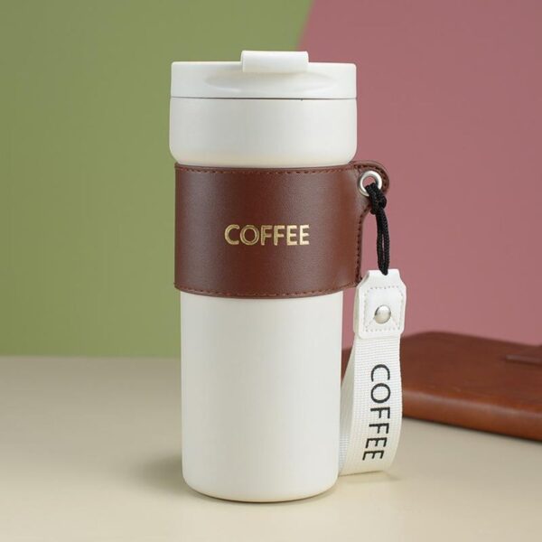 تراول ماگ دور چرمی مدل COFFEE سفید