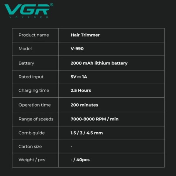 ماشین اصلاح حرفه ای وی جی آر V-990 مشخصات