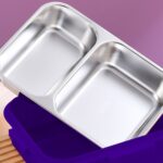 ظرف غذا استیل دو محفظه ای + چاپستیک نمای استیل