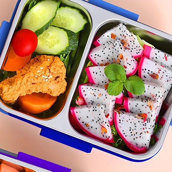 ظرف غذا استیل دو محفظه ای + چاپستیک نمای جزئیات