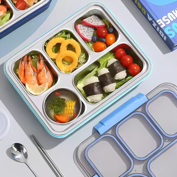 ظرف غذا استیل چهار محفظه ای+ سس خوری نمای بالا
