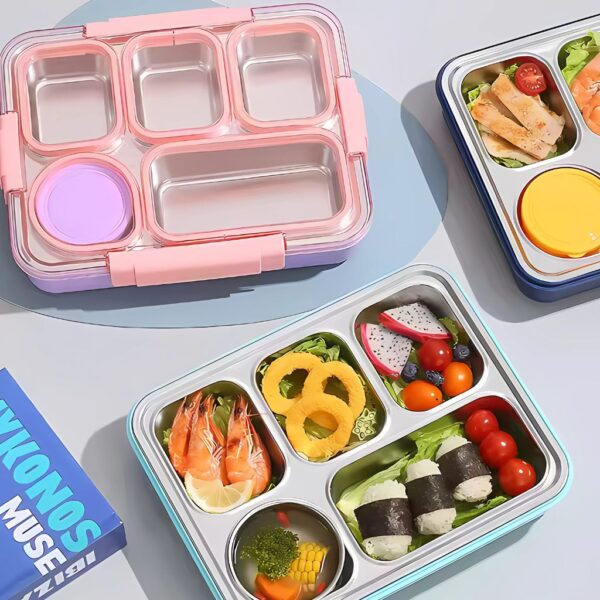 ظرف غذا استیل چهار محفظه ای+ سس خوری نمای بالا