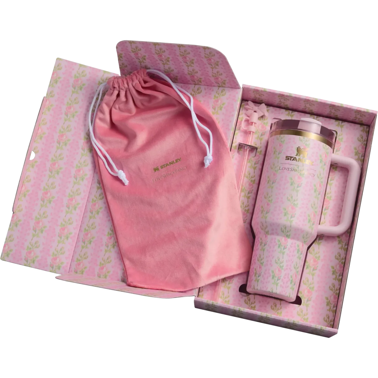 ماگ اورجینال استنلی و LOVESHACKFANCY صورتی نمای بالا ماگ اورجینال استنلی و LOVESHACKFANCY صورتی نمای بالا