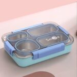 ظرف غذا استیل ساده مدل چهار محفظه ای رنگ آبی نمای رو به رو
