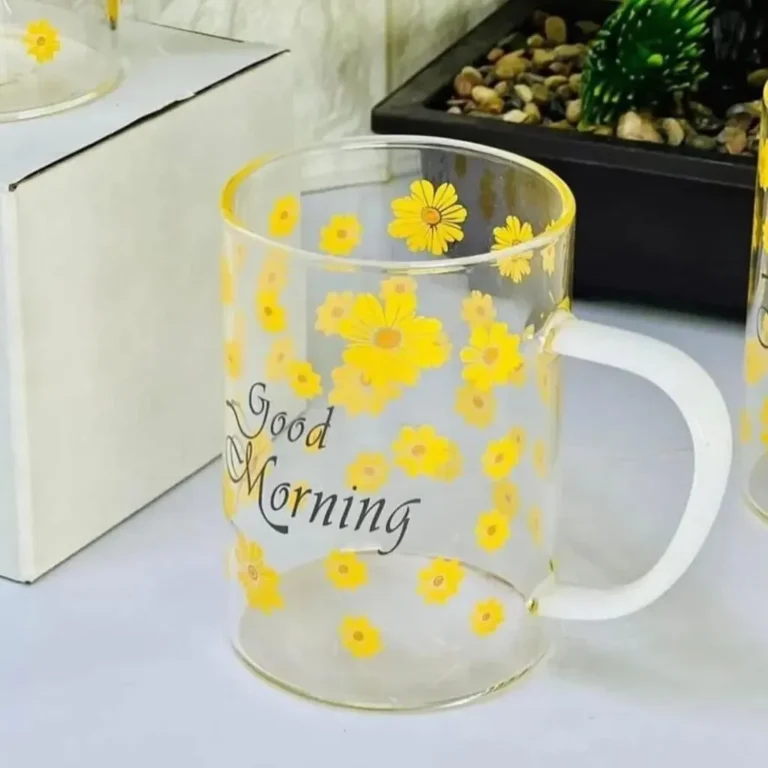 لیوان پیرکس مدل good morning طرح گل دسته رنگی نمای بالا