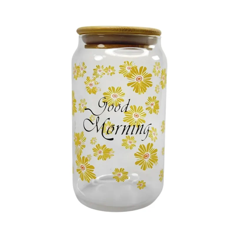لیوان اسموتی پیرکس مدل استوانه good morning طرح گل رنگ زرد نمای حقیقی