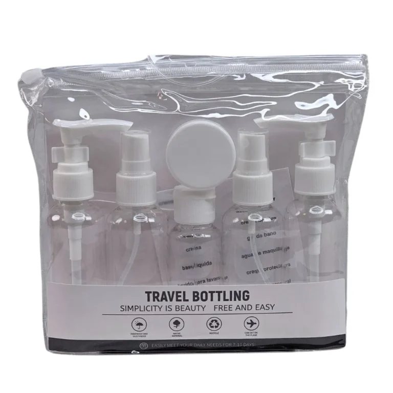 پک آرایشی مسافرتی ست 6 تکه مدل Travel bottling رنگ سفید نمای رو به رو