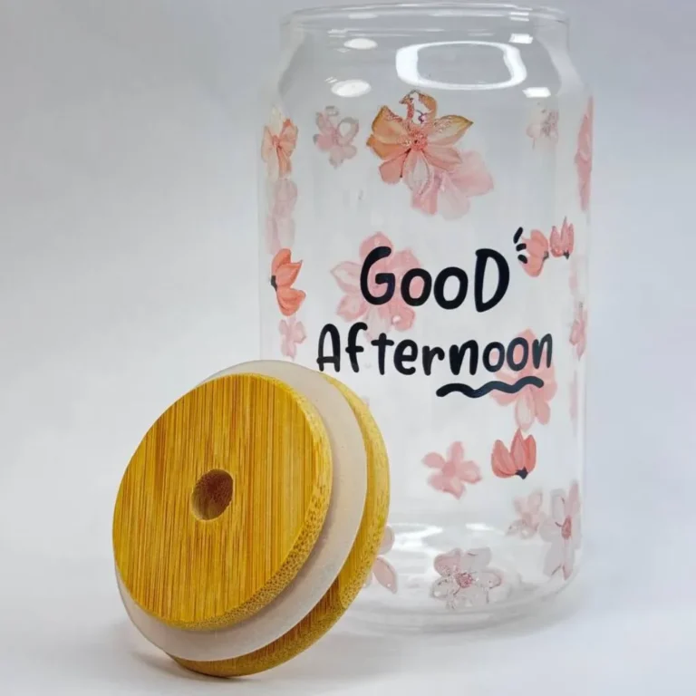 لیوان اسموتی پیرکس مدل استوانه good morning طرح گل رنگ صورتی