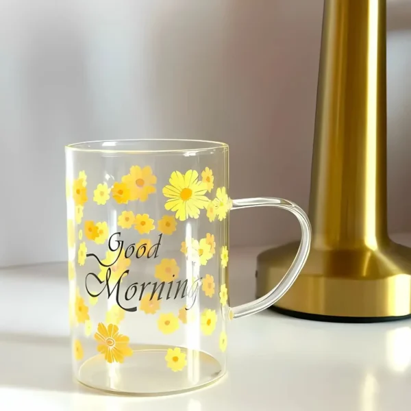 لیوان پیرکس مدل good morning طرح گل دسته رنگی نمای رو به رو