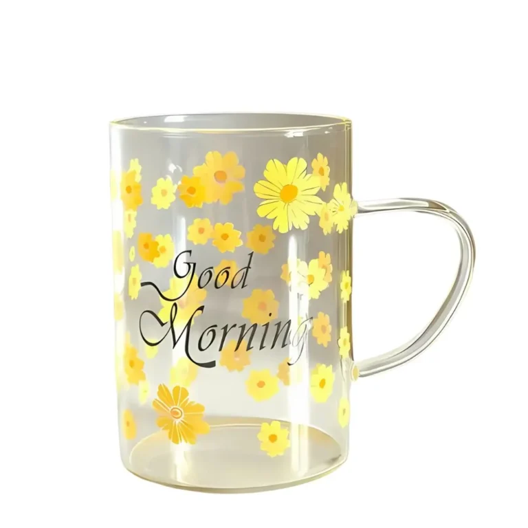 لیوان پیرکس مدل good morning طرح گل دسته رنگی نمای حقیقی