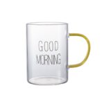 لیوان پیرکس مدل good morning دسته زرد نمای حقیقی