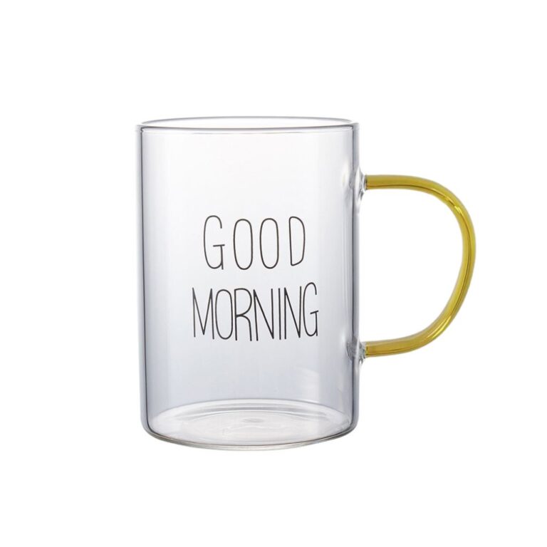 لیوان پیرکس مدل good morning دسته زرد نمای حقیقی