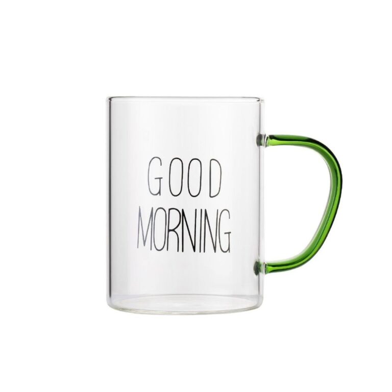 نیم لیوان پیرکس مدل good morning دسته سبز نمای حقیقی
