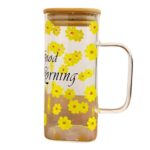 لیوان پیرکس good morning طرح گل مدل درب بامبو نمای حقیقی