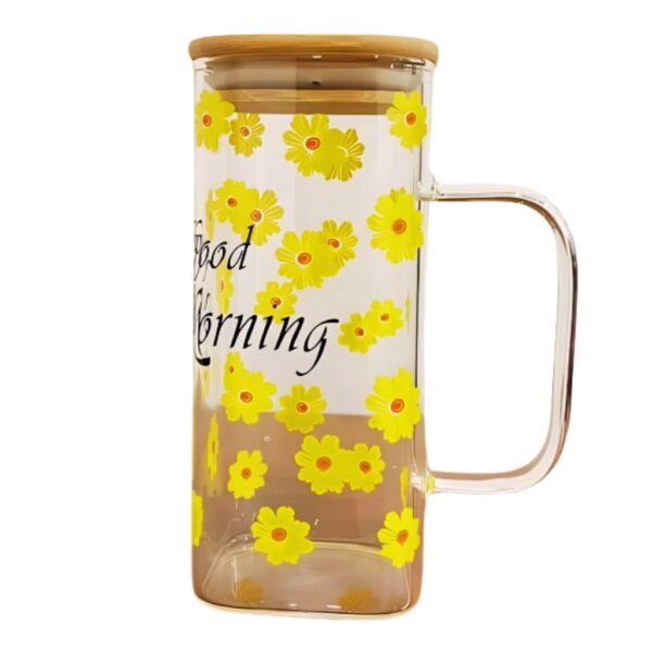 لیوان پیرکس good morning طرح گل مدل درب بامبو نمای حقیقی
