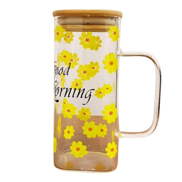 لیوان پیرکس good morning طرح گل مدل درب بامبو نمای حقیقی