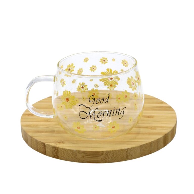 لیوان پیرکس تپل مدل good morning طرح گل نمای رو به رو