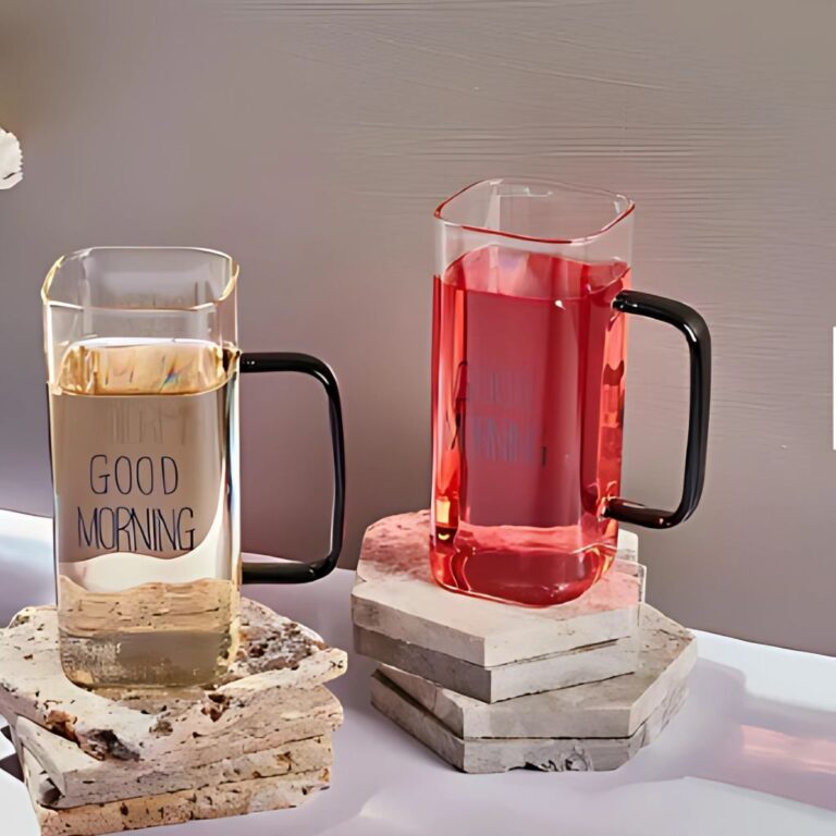 لیوان پیرکس مکعبی طرح good morning نمای بالا