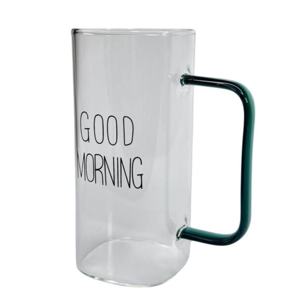 لیوان پیرکس مکعبی طرح good morning نمای کنار
