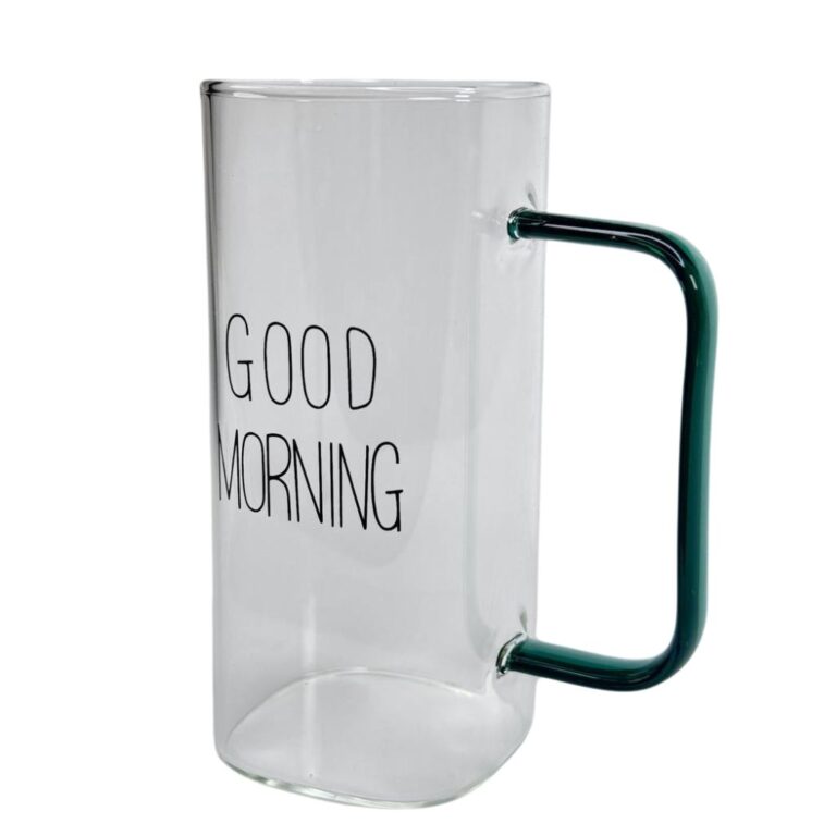 لیوان پیرکس مکعبی طرح good morning نمای کنار