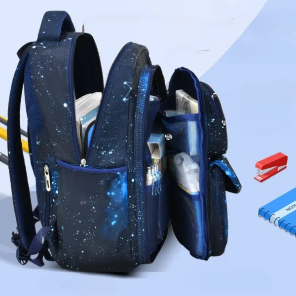 کوله پشتی اسپرت طرح کهکشانی رنگ آبی نمای داخلی و جانبی