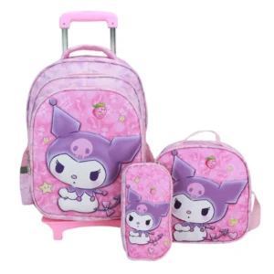 ست کیف مدرسه چرخدار دخترانه Kuromi ، طرح برجسته 3D