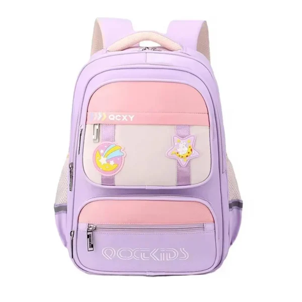 کیف مدرسه طرح کهکشانی مدل Astro baby رنگ یاسی صورتی نمای رو به رو