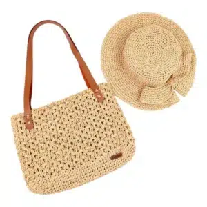 ست کیف و کلاه ساحلی دستبافت با نخ رافیا لمه1