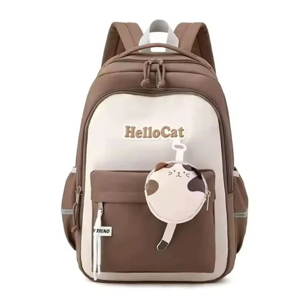 کوله پشتی فانتری طرح آویز دار مدل Hello cat رنگ قهوه ای نمای رو به رو