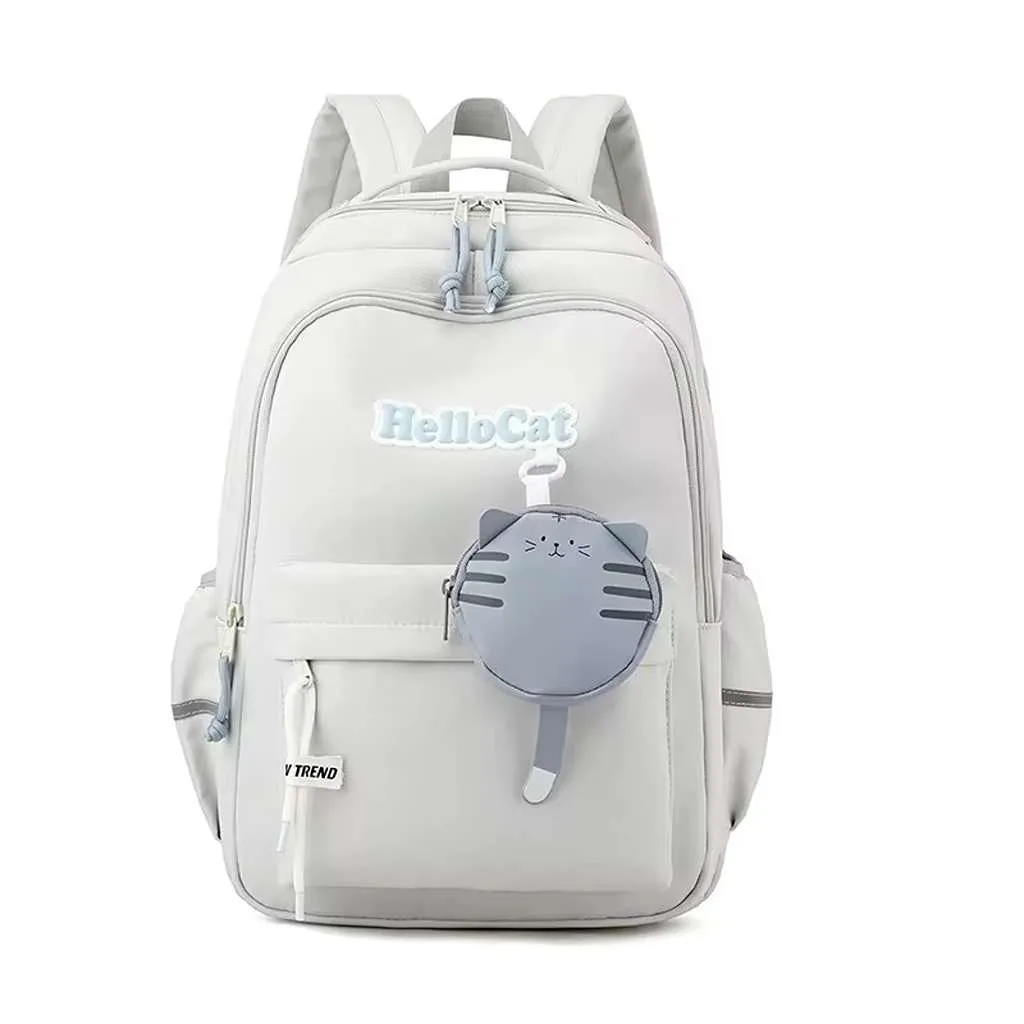 کوله پشتی فانتری طرح آویز دار مدل Hello cat رنگ طوسی روشن نمای رو به رو
