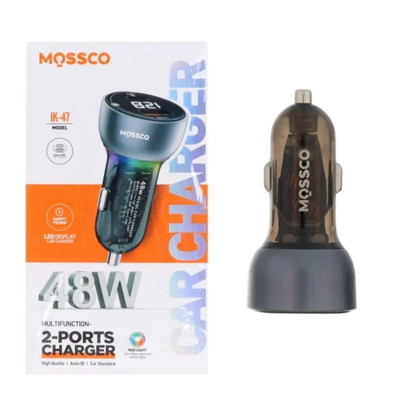 شارژر فندکی فست شارژ ۴۸ واتی دو پورت MOSSCO IK-47 با رقص نور و صفحه نمایش LED 1