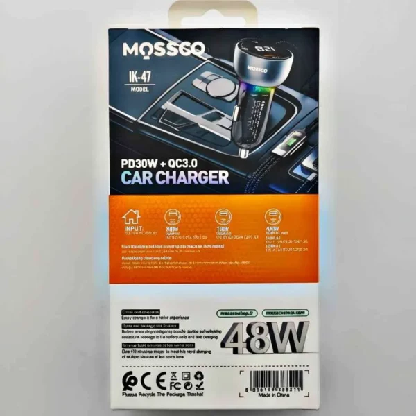 شارژر فندکی فست شارژ ۴۸ واتی دو پورت MOSSCO IK-47 با رقص نور و صفحه نمایش LED 5