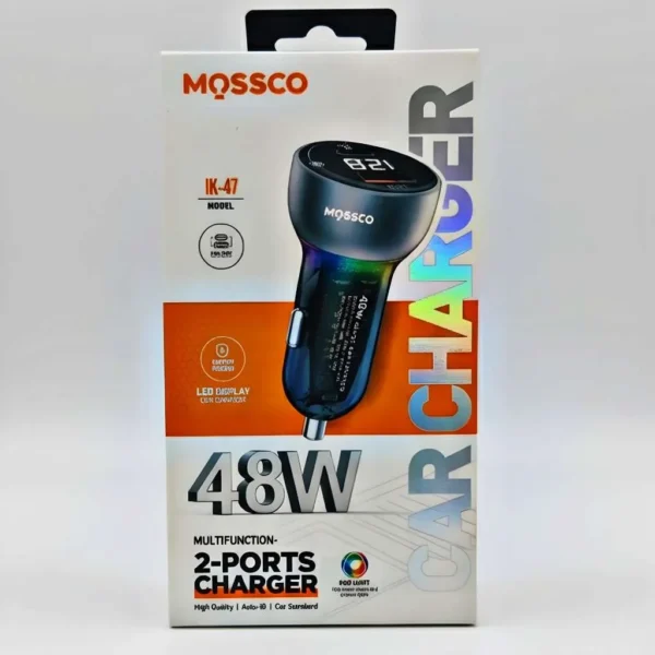 شارژر فندکی فست شارژ ۴۸ واتی دو پورت MOSSCO IK-47 با رقص نور و صفحه نمایش LED 6