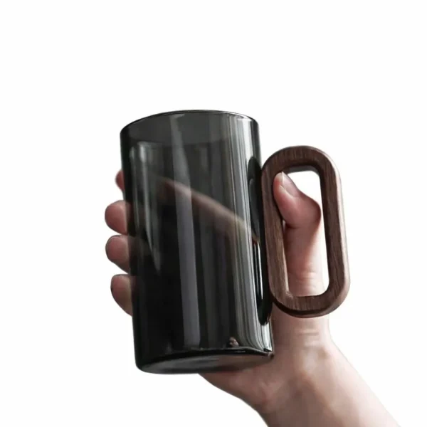 لیوان شیشه ای دسته چوبی مینیمال | ماگ شفاف