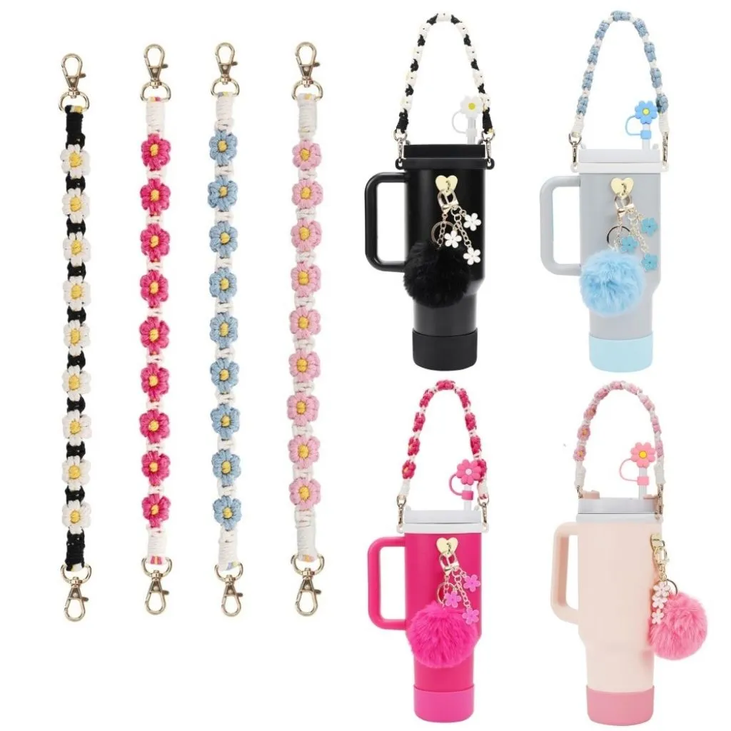 دستگیره بافتنی گلدار مخصوص تامبلر استنلی ۴۰oz با حلقه سلیکونی