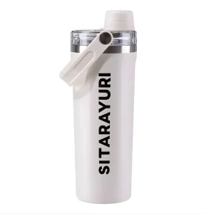 بطری آب ورزشی استیل 800ML دسته دار نمای رو به رو رنگ سفید