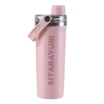 بطری آب ورزشی استیل 800ML دسته دار نمای رو به رو رنگ صورتی