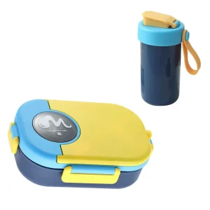 ظرف غذا استیل به همراه قمقمه مدل دو محفظه ای 800Ml 3 ظرف غذا استیل به همراه قمقمه مدل دو محفظه ای نمای رو به رو رنگ سرمه ای